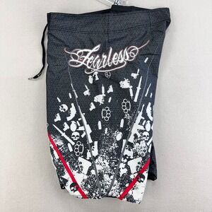 Vintage Fearless Boardshorts‎ Mens 38 Y2K All Over Print Long Baggy Skulls Guns